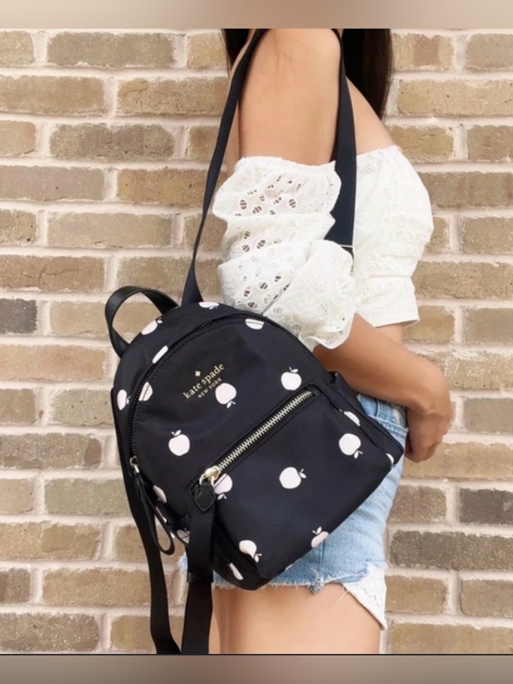 kate spade Black Mini Backpack with White Apple Print
